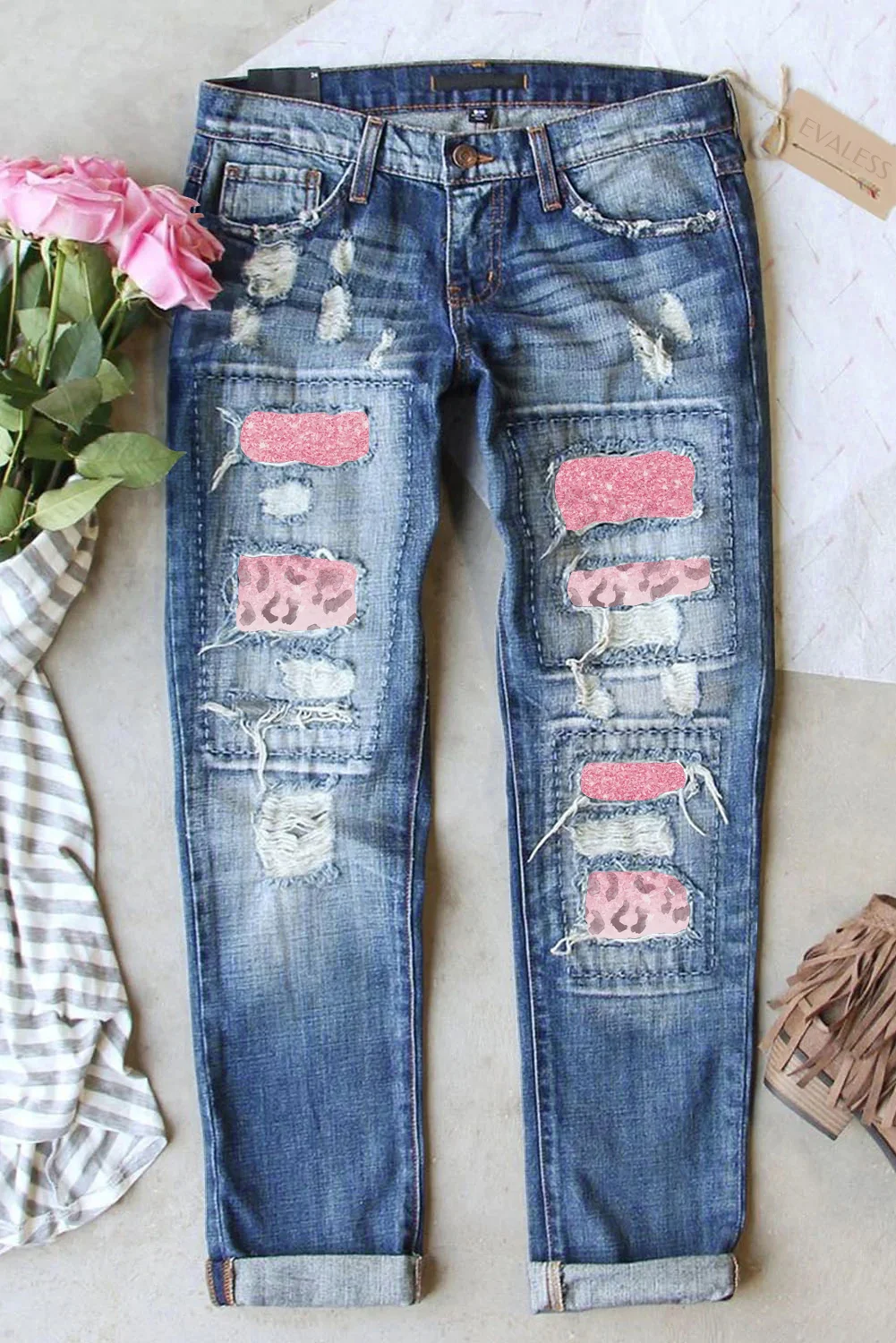 Sky Blue Leopard Gradient Color Patchwork Distressed Jeans | IFYHOME