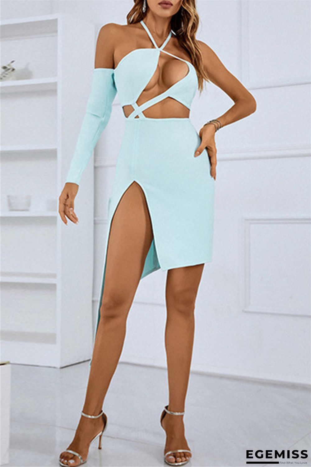 Light Blue Sexy Solid Bandage Hollowed Out Patchwork Halter Irregular Dress Dresses | EGEMISS