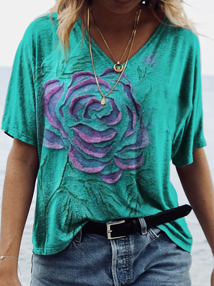  Rose Turquoise Fiber Art V Neck T Shirt Westsshops