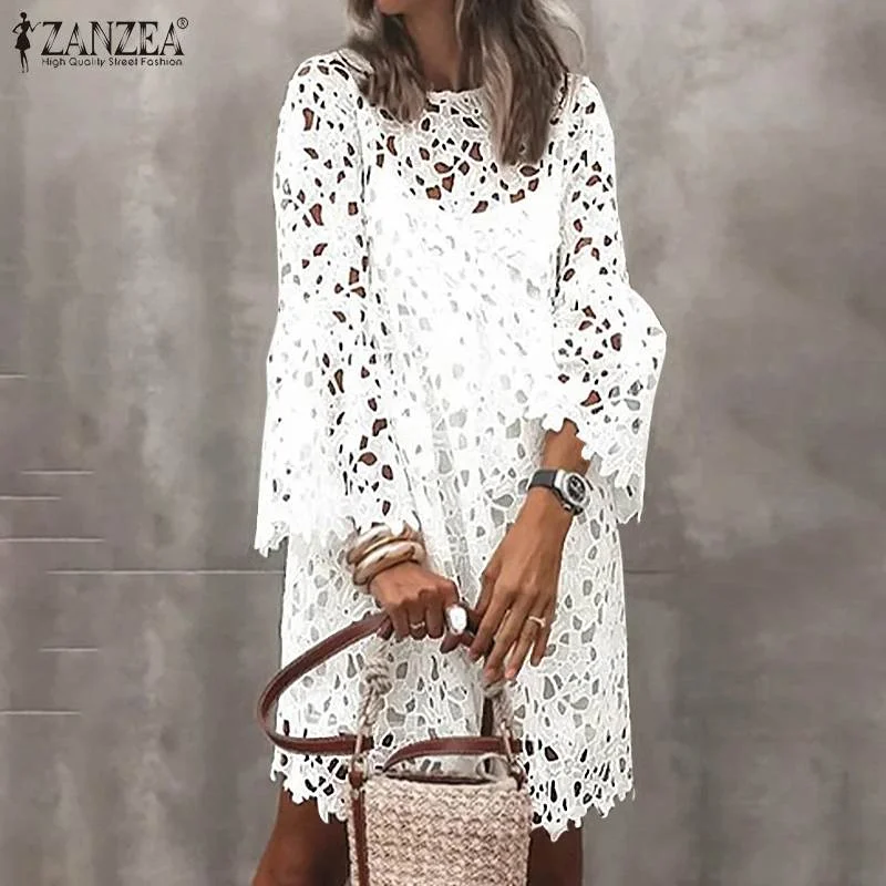 ZANZEA Fashion Women Lace Crochet Work Sundress 2PCS Spring Elegant Long Flare Sleeve Sundress Robe Femme Hollow Out Midi Dress