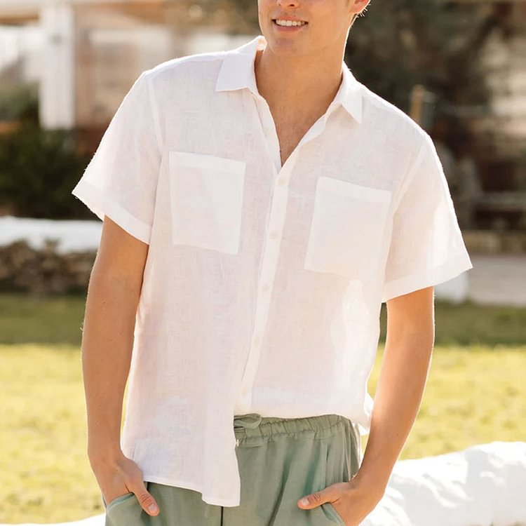 solid colour simple linen temperament men's short sleeve shirt