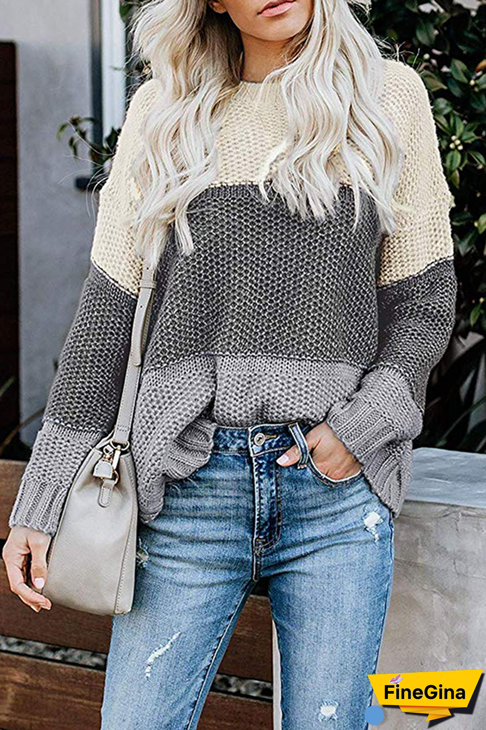 Casual Patchwork Basic  Contrast O Neck Tops Sweater