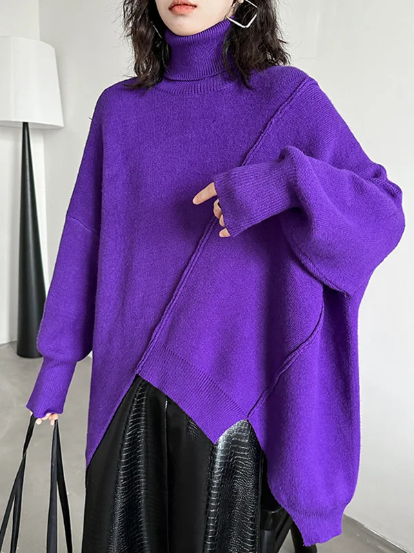 Batwing Sleeves Long Sleeves Asymmetric Solid Color High Neck Pullovers Sweater Tops