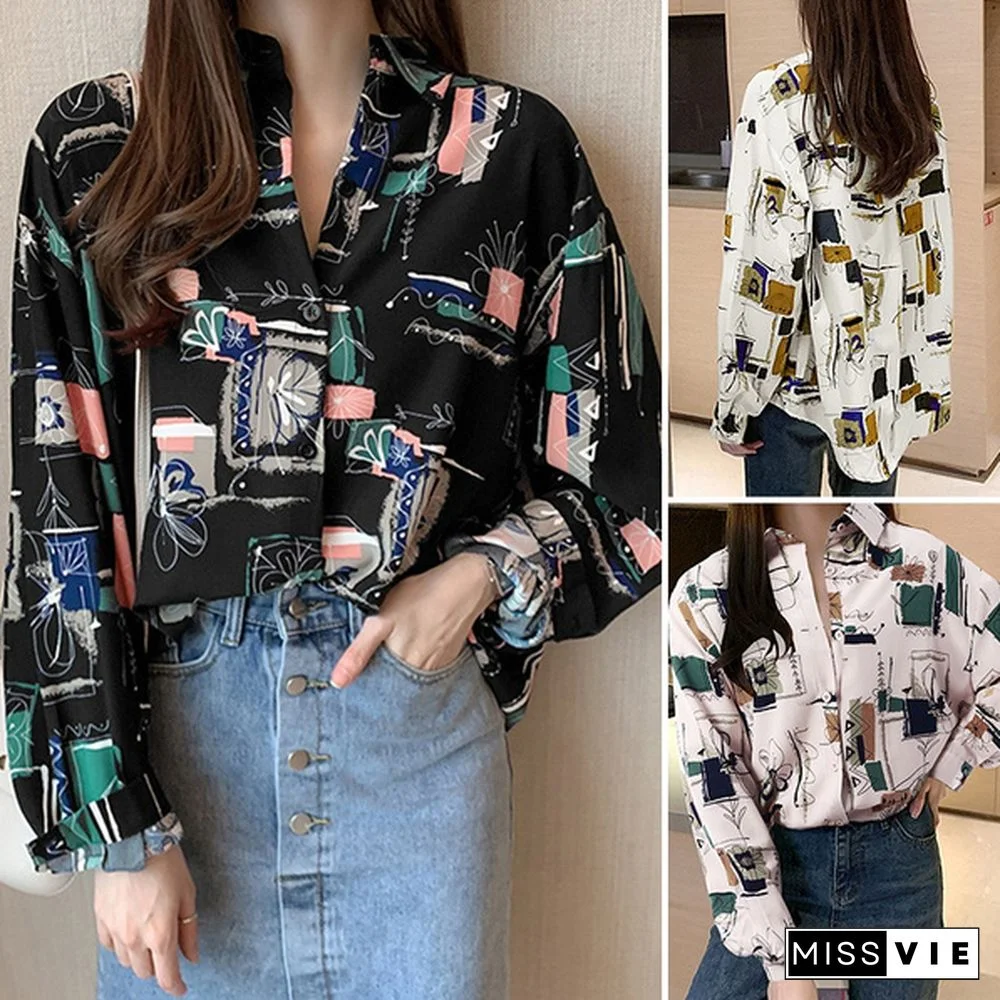 Blouse Women Retro Female Printed Single-breasted Spring Button Straight Long-sleeve Vintage Shirt Top