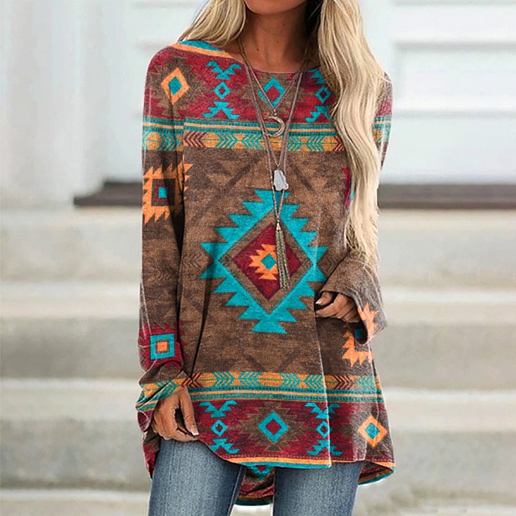 Vefave Western Print Casual Crew Neck Long Sleeve Tunic