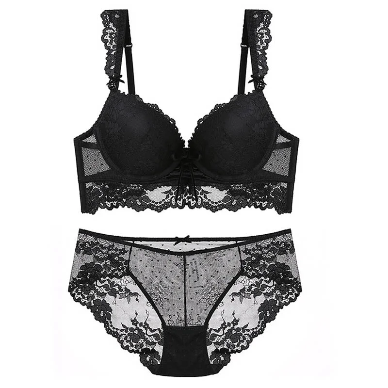 Sexy Women's Underwear Set Lace Push-up Bra And Panty Sets Meet'r Hollow Embroidery Gather Brassiere Gathered Lingerie Set