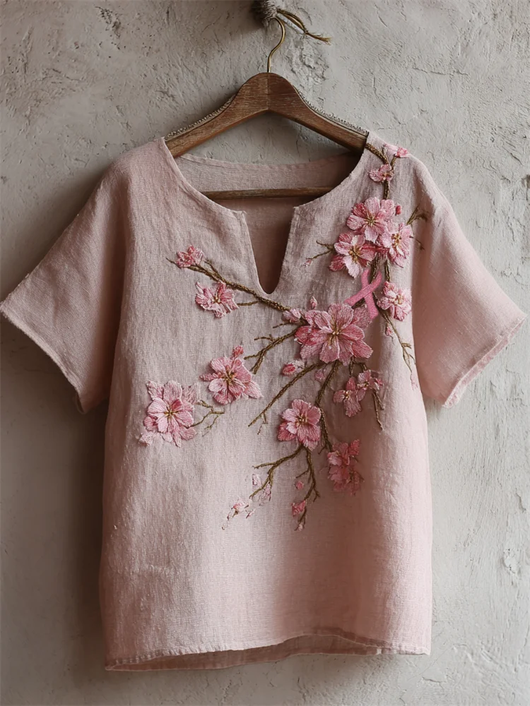 Pink Ribbon Japanese Cherry Blossom Embroidered Linen Tunic