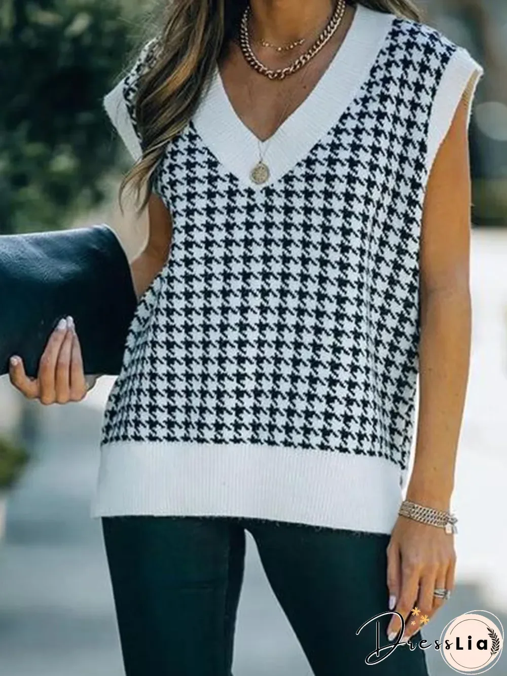 Houndstooth V-neck Knit Loose Vest P12378