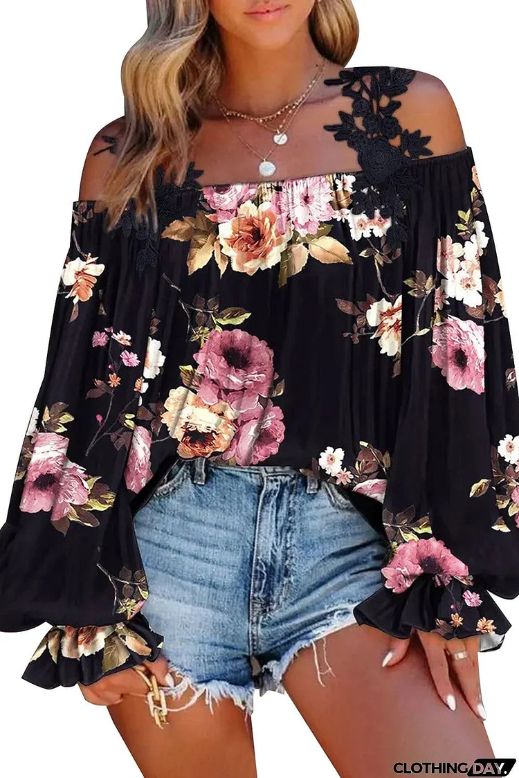 Floral Print Lace Patchwork Loose Cold Shoulder Blouse