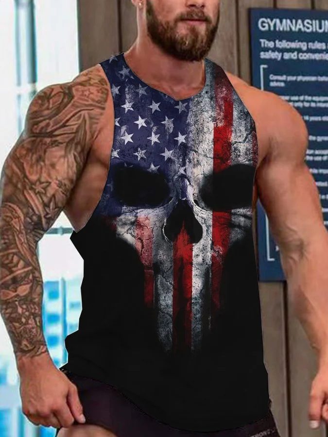 BrosWear Men's Skull American Flag Round Neck Tank Top