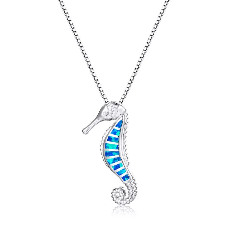 Cute Female Sea Horse Pendant Necklace Rose Gold Silver Color Chain Necklaces Vintage Blue Opal Stone Necklaces For Women