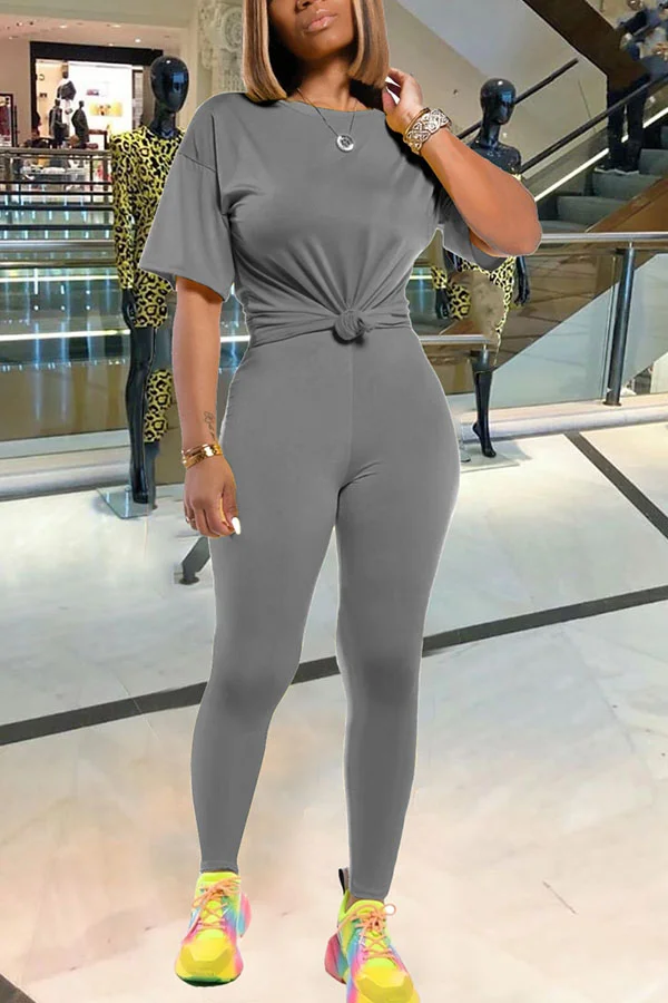 Grey Fashion Casual adult Ma'am Solid Two Piece Suits pencil Short Sleeve Two Pieces | EGEMISS