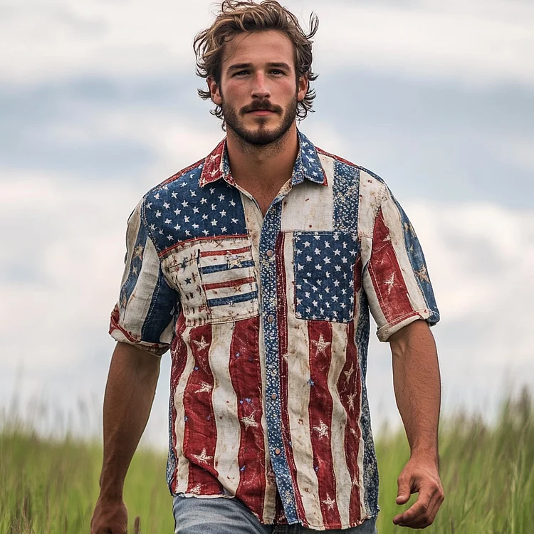 Men's Independence Day Flag Print Short Sleeve Linen Blend Shirt