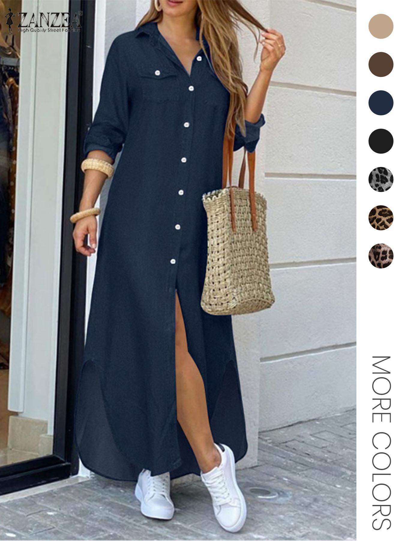 Women's Leopard Print Button Front Flap Pocket Shirt Fabric Dress, Casual Curved Hem Long Sleeve Collared Long Dress for Daily Wear, Ladies' Clothes for All Seasons, Womenswear