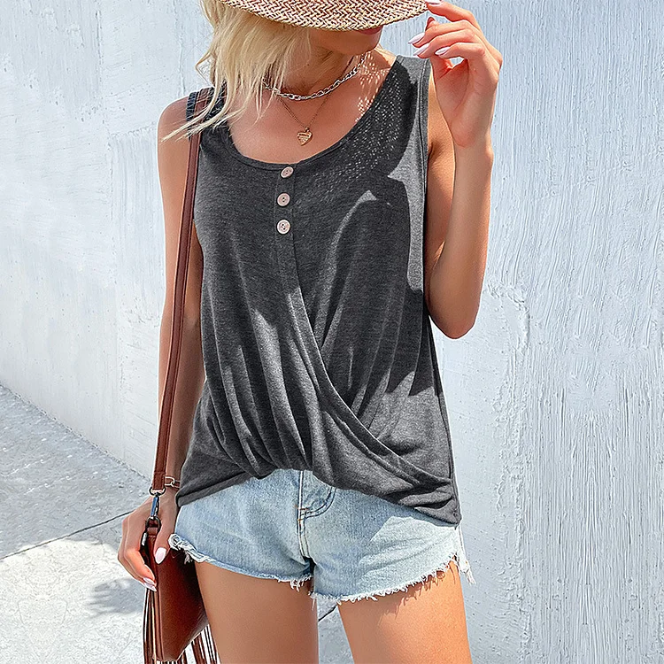Solid Color Cross Button round Neck Sleeveless Vest Top