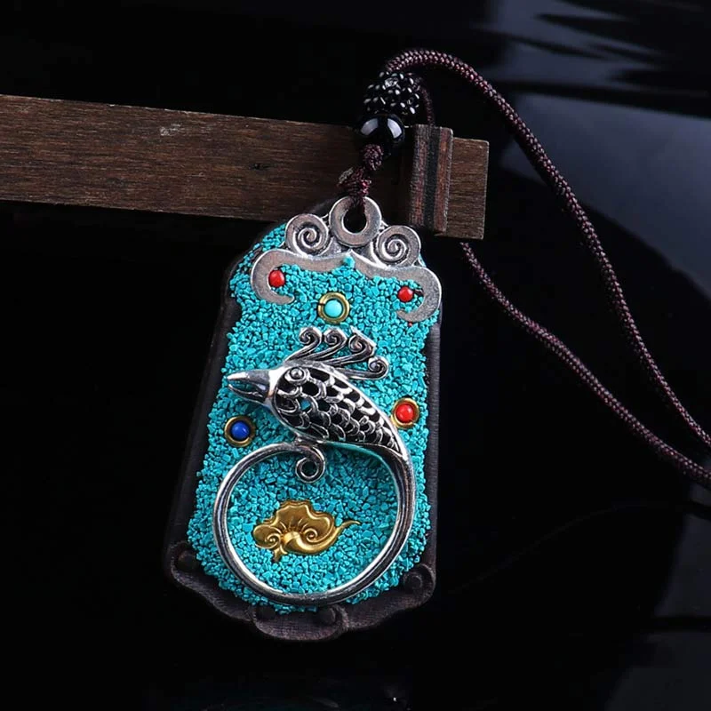 Ebony Wood Elephant Lotus Balance String Necklace Pendant