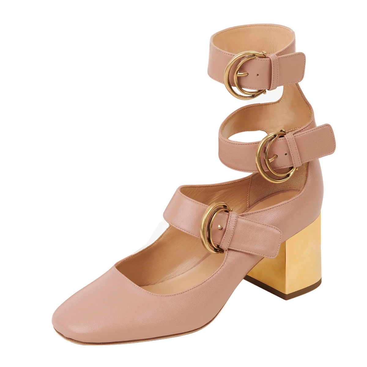 Nude Square Toe Block Heel Pumps Shoes with Metal Buckle Strap Design Nicepairs
