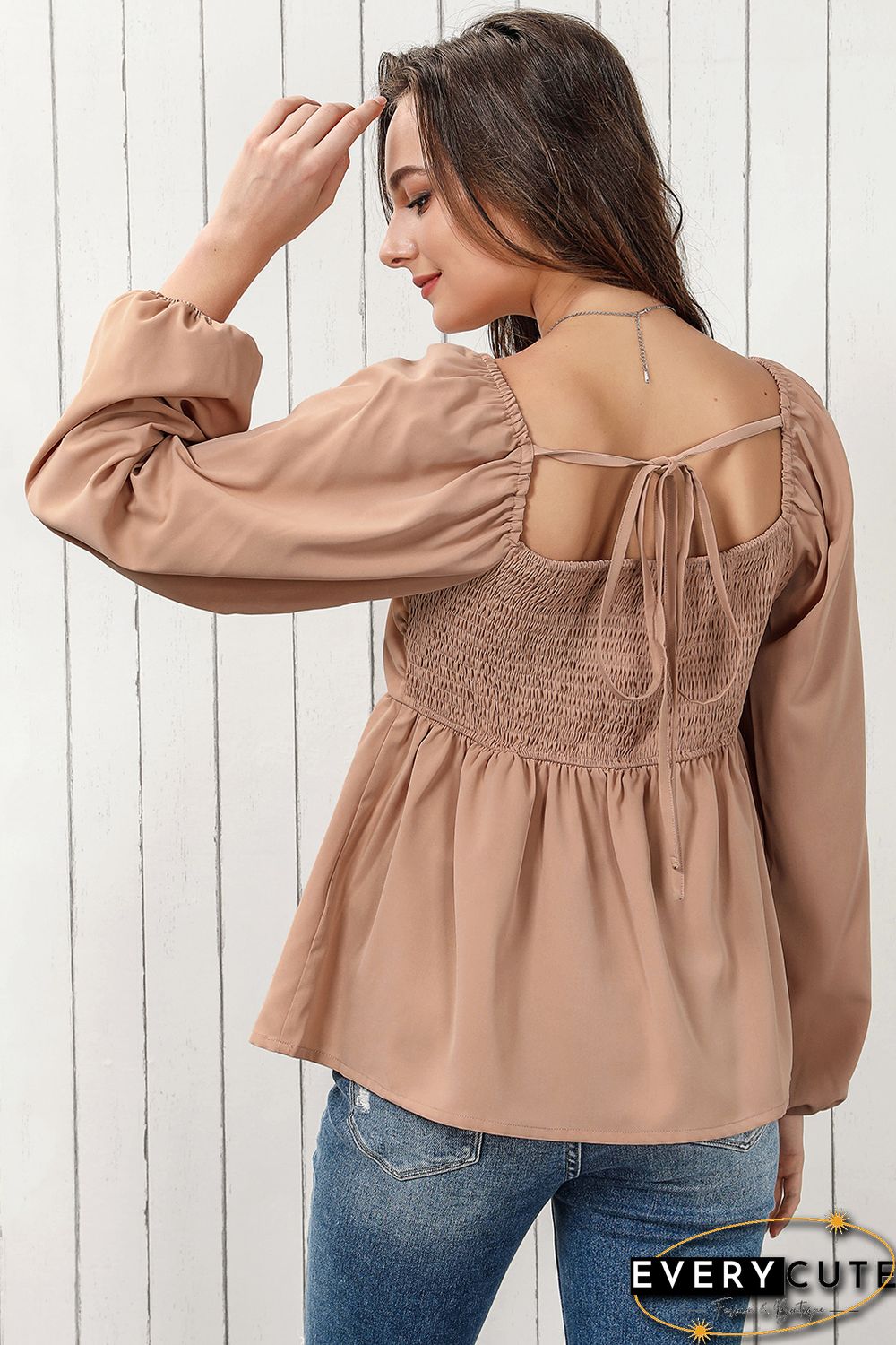 Orange Notched V-Neck Smocked Back Peplum Blouse