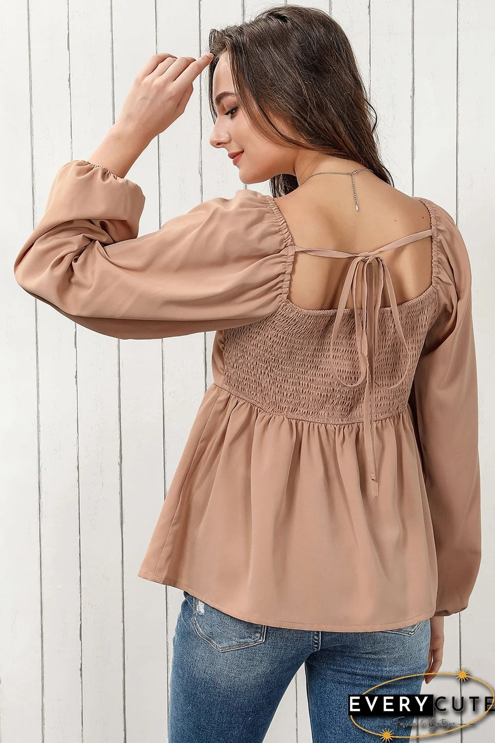 Orange Notched V-Neck Smocked Back Peplum Blouse