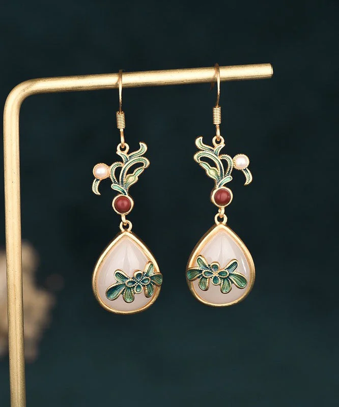 Retro Green Ancient Gold Jade Agate Cloisonne Drop Earrings