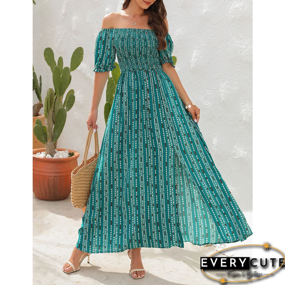 Green Vertical Striped Print Split Off Shoulder Maxi Dress