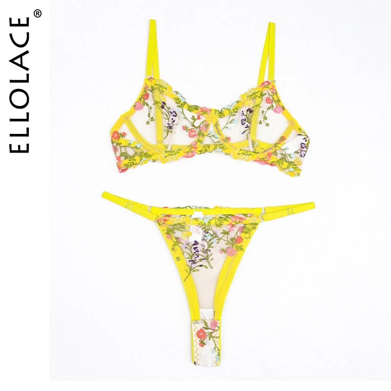 Ellolace Erotic Lingerie Fairly Lace Transparent Underwear Set Girl Floral Embroidery Sexy Fancy Clear Bra Set Women 2 Piece