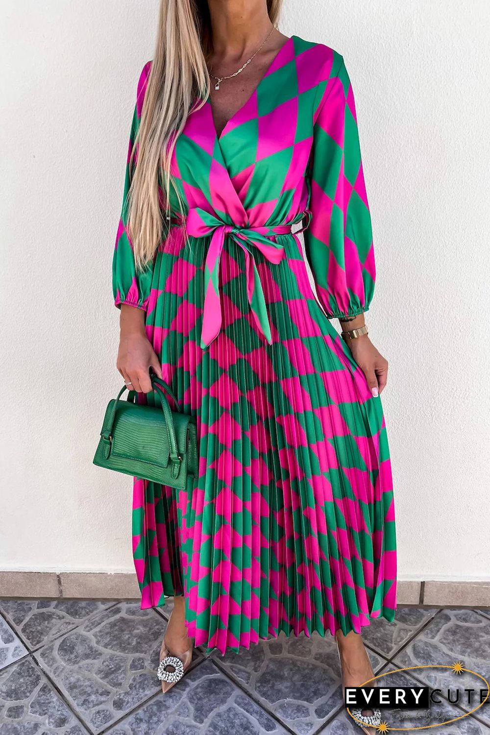 Multicolor Rhombus Contrast Color Block Belted Maxi Dress