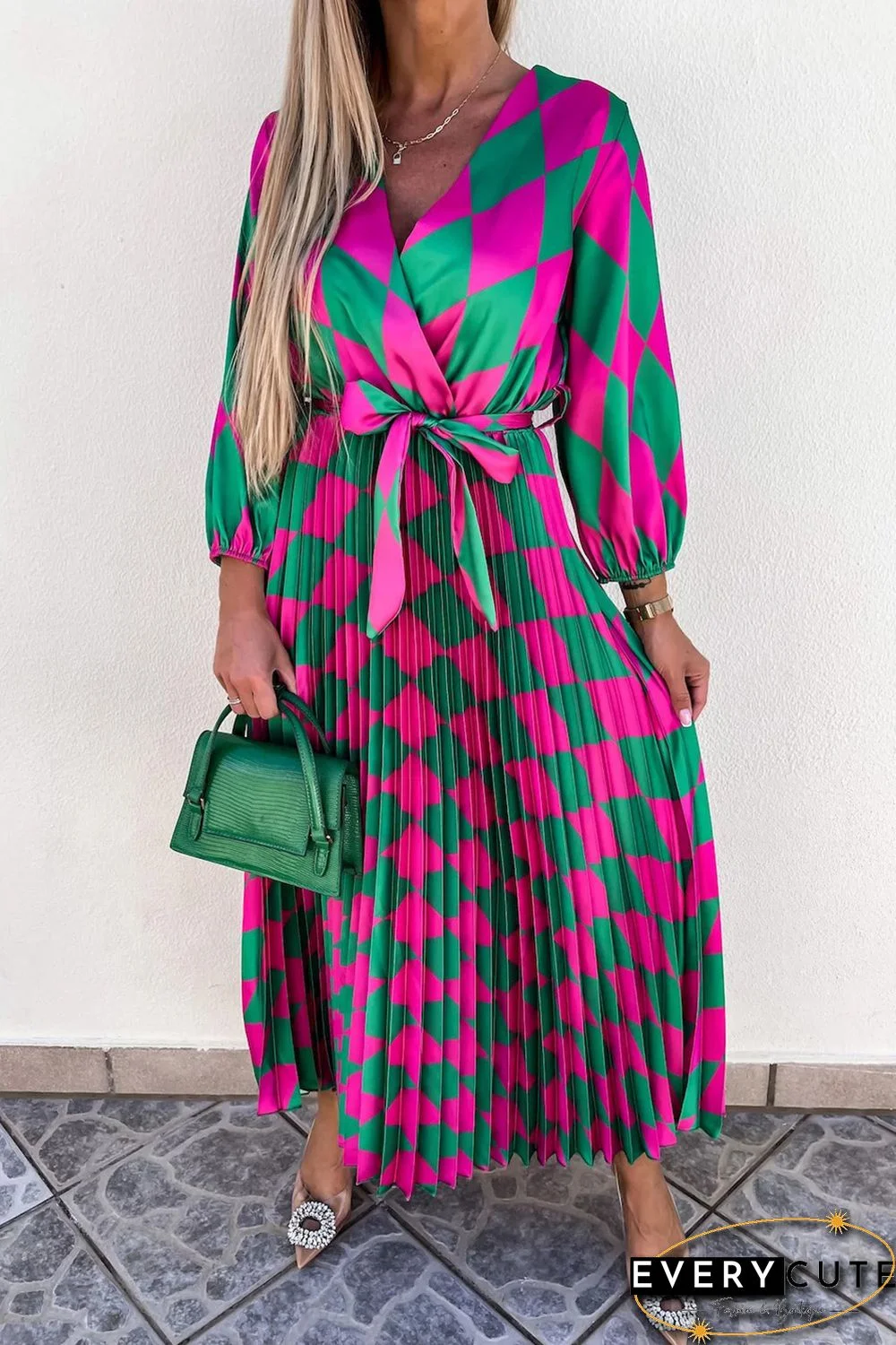Multicolor Rhombus Contrast Color Block Belted Maxi Dress