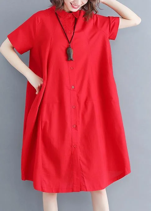 Natural Red Linen Cotton Pockets Summer Ankle Dress
