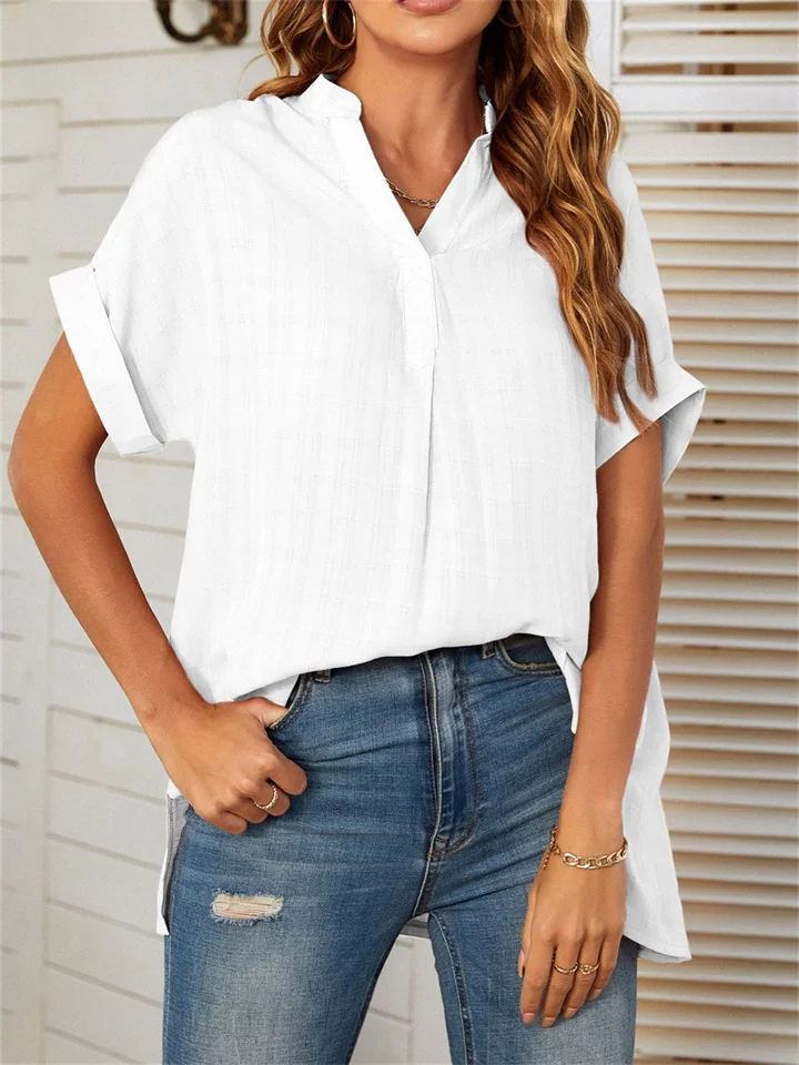 Summer Women's V-neck Short-sleeved Striped Thin Section Loose Plaid Shirt-Mixcun