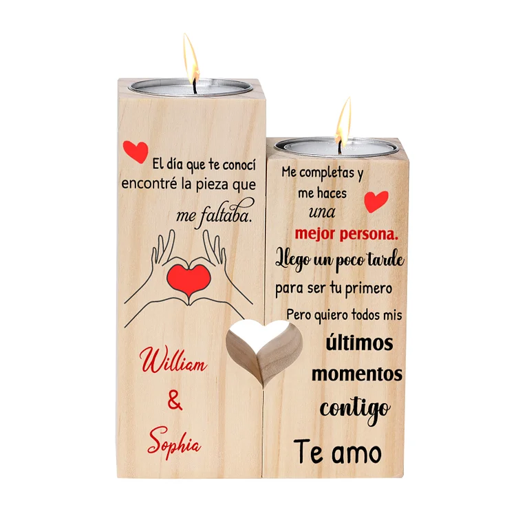 Candelero para pareja de madera de dos piezas sin candela con 2 nombres personalizados