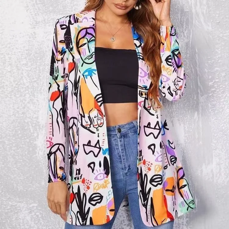 Women's Fashion Small Suit Plaid Print Jacket Flusfy