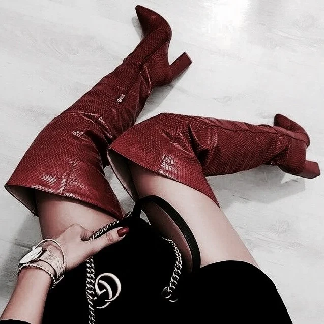 Burgundy Snakeskin Boots Pointy Toe Chunky Heel Over Knee Boots |FSJ Shoes