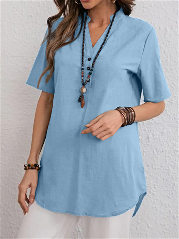 Spring and Summer New Women's Solid Color Twist Button Fashion V-neck Loose Type Short-sleeved Comfortable Casual Tops