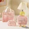 3Pcs Makeup Bag PVC Travel Storage Bag Large Capacity Zipper Mesh Bag (Pink)