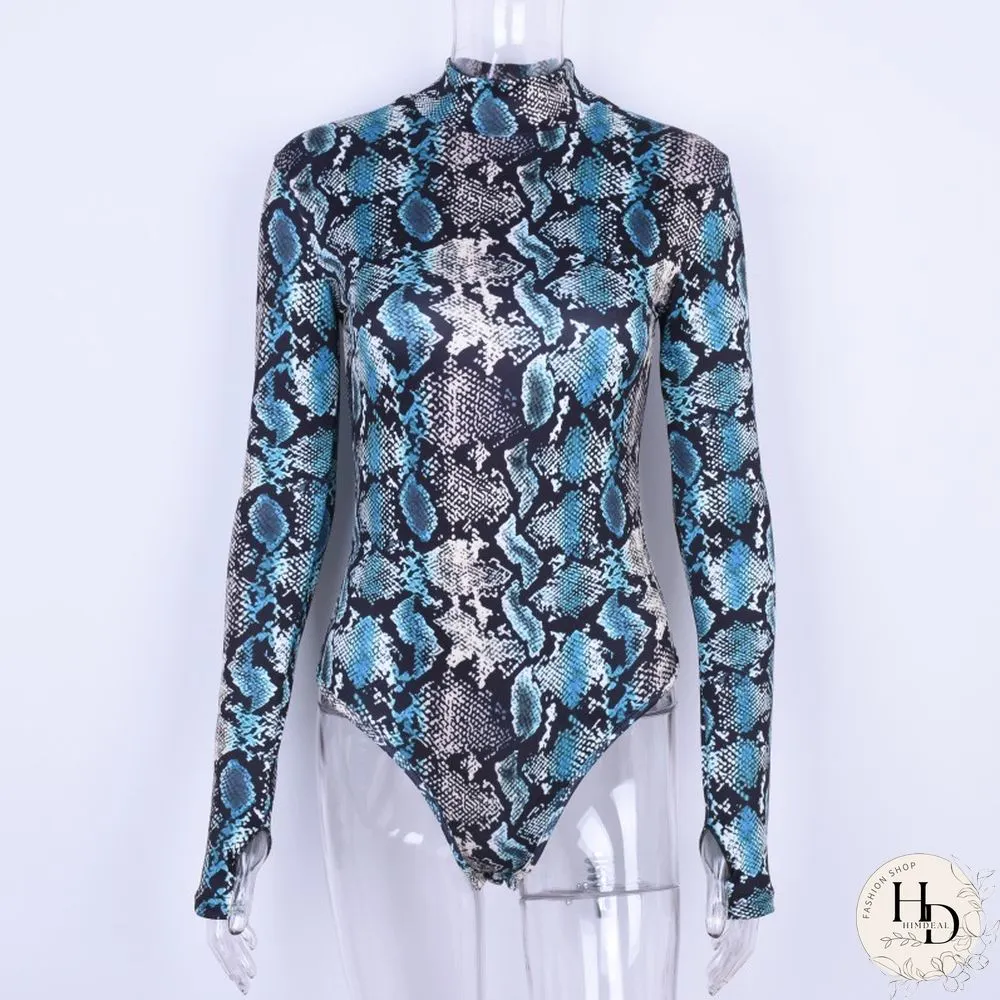 Snakeskin Bodysuits Mulheres Sexy Pele Cobra Alta Gola Manga Longa Python Moda Primavera