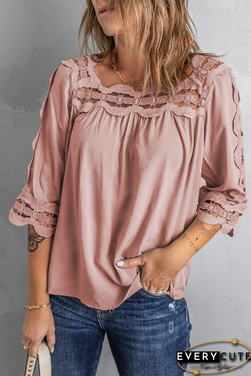 Pink Crochet Trim Hollow-out Blouse