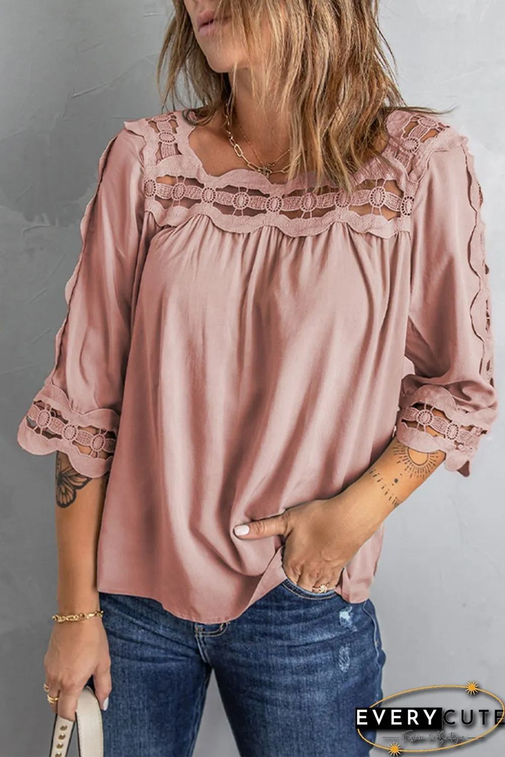 Pink Crochet Trim Hollow-out Blouse