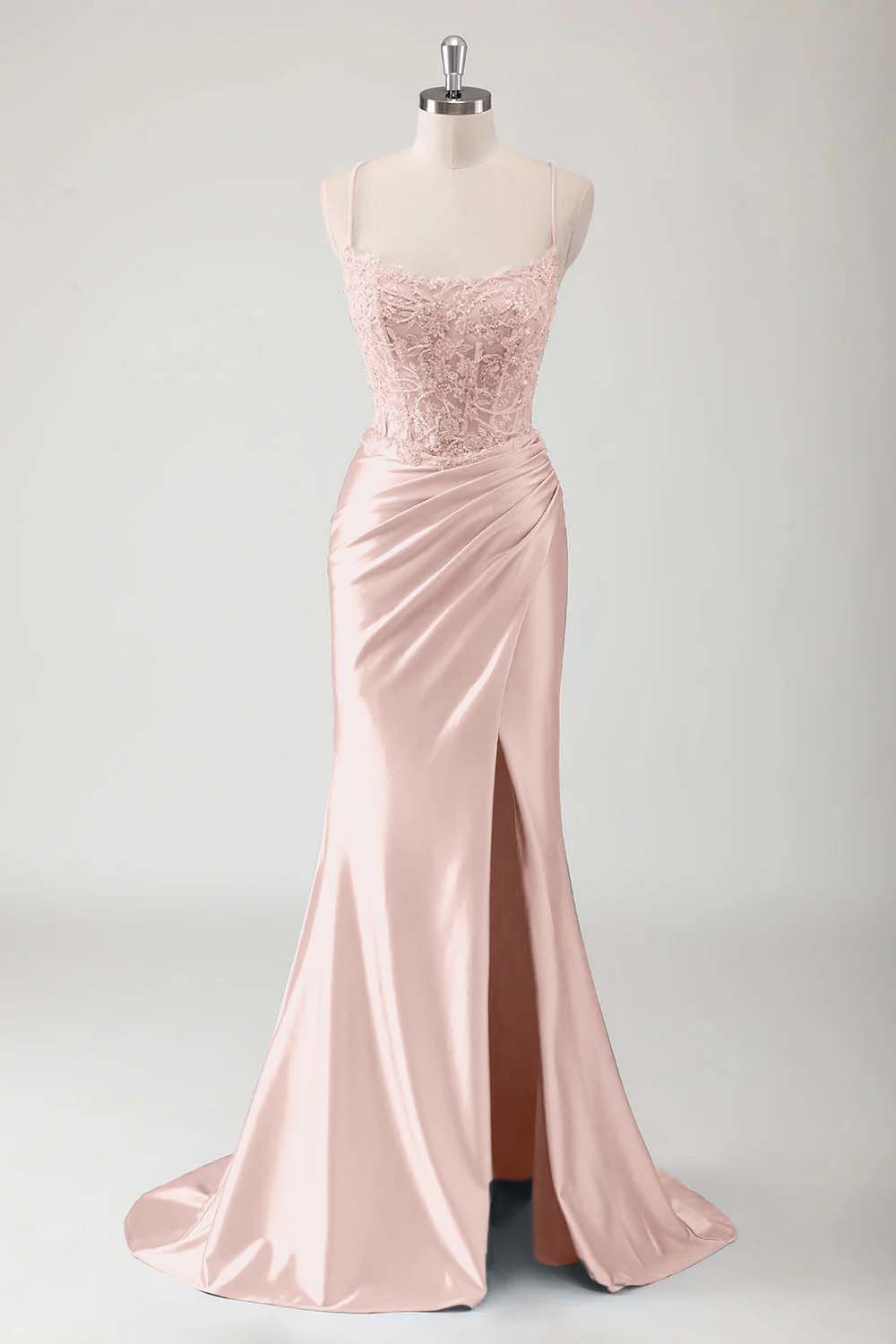 Hidais Spaghetti Strap Sleeveless Long High Split Prom Dress With Appliques