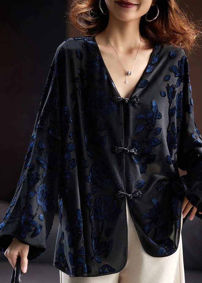 Vintage Black V Neck Embroideried Velour Shirt Fall