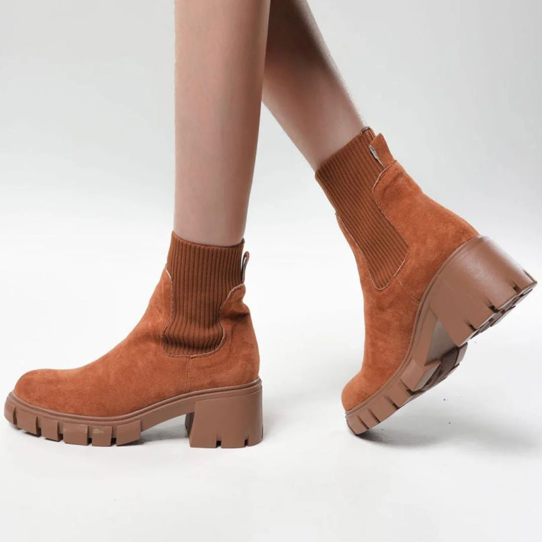 Classic Round Toe Lug Sloe Suede Knit Sock Ankle Boots - Brown