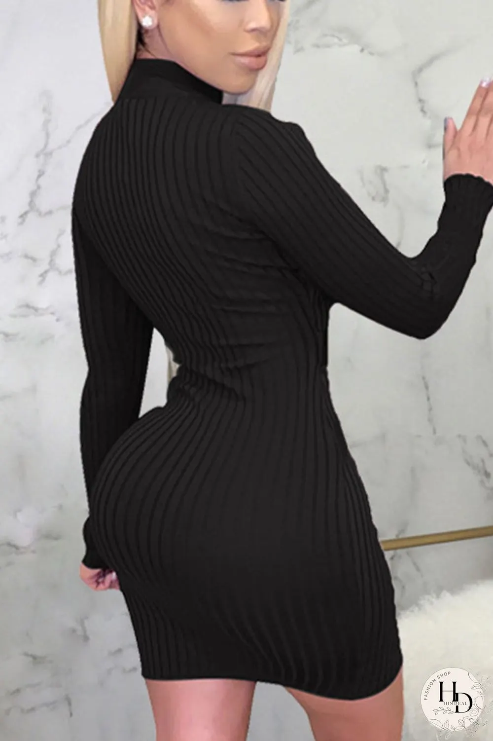 Blue Sexy Solid Split Joint O Neck Pencil Skirt Dresses