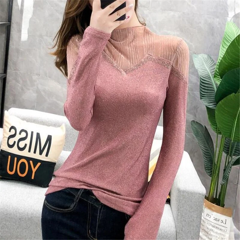 Mesh Diamond Top Women T-shirt Glossy Hollow out Female T-shirt Pullover Shiny Hot Drill Bottoming Blouses  Tshirt Women Tee