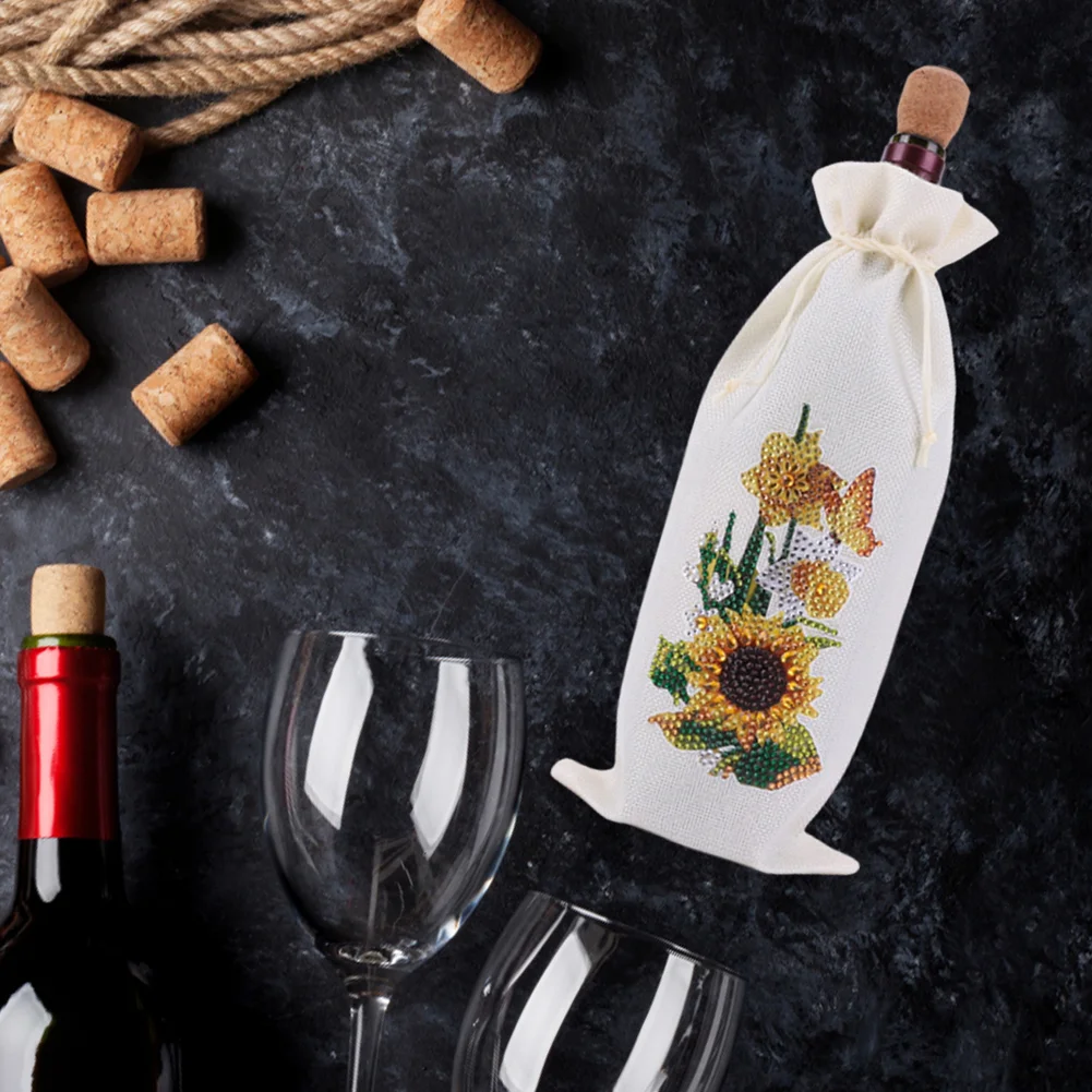 DIY Flower Diamond Painting Burlap Wine Gift Bags Label Liquor Bottle Covers