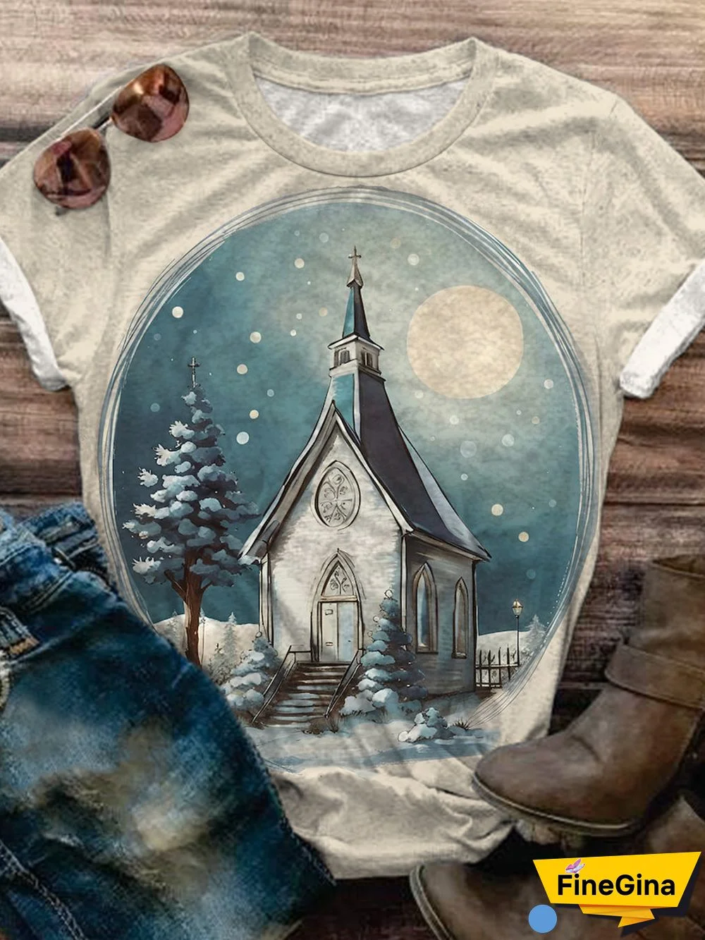 Winter Church Print Crew Neck T-shirt