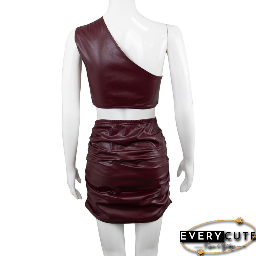Sexy PU Leather Clothes Suit Women One Shoulder Sleeveless Crop Top And Mini Skirt Ladies Matching Sets Party Clothing