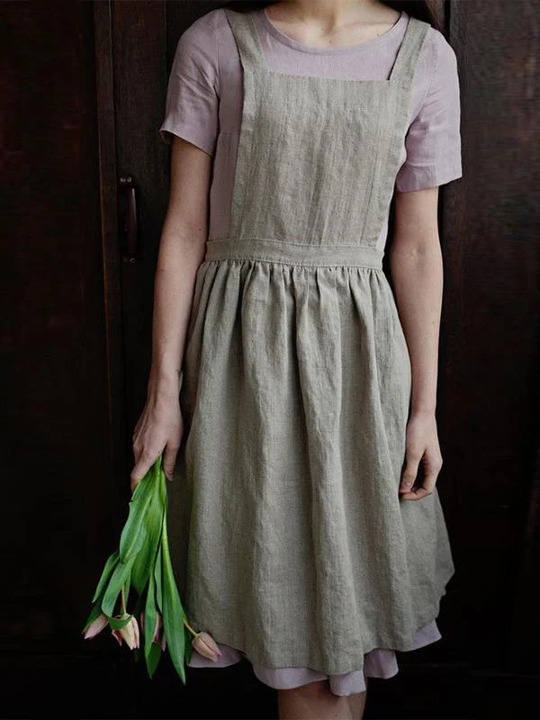 Women's solid color sleeveless suspender dress slim slim cotton and linen dress-Mayoulove