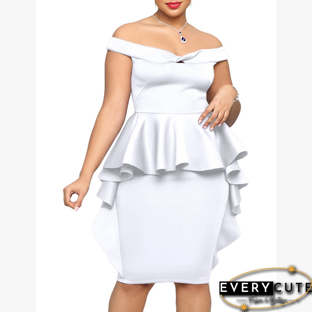 White Off Shoulder Ruffled Pencil Dress