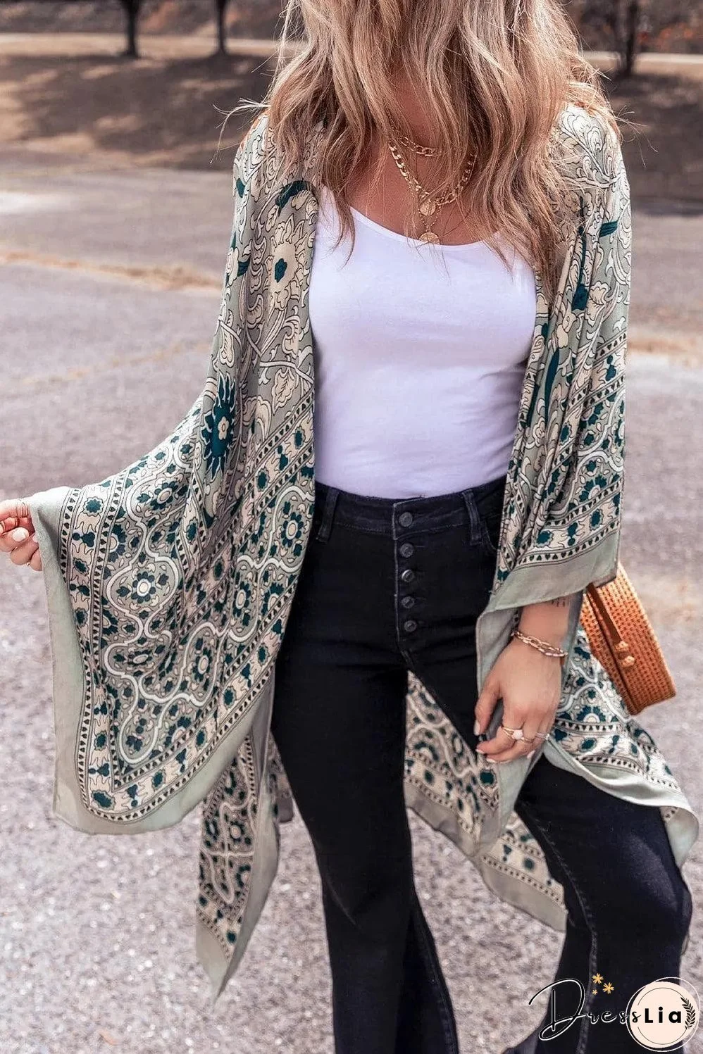 Green Vintage Floral Print Long Split Open Front Kimono