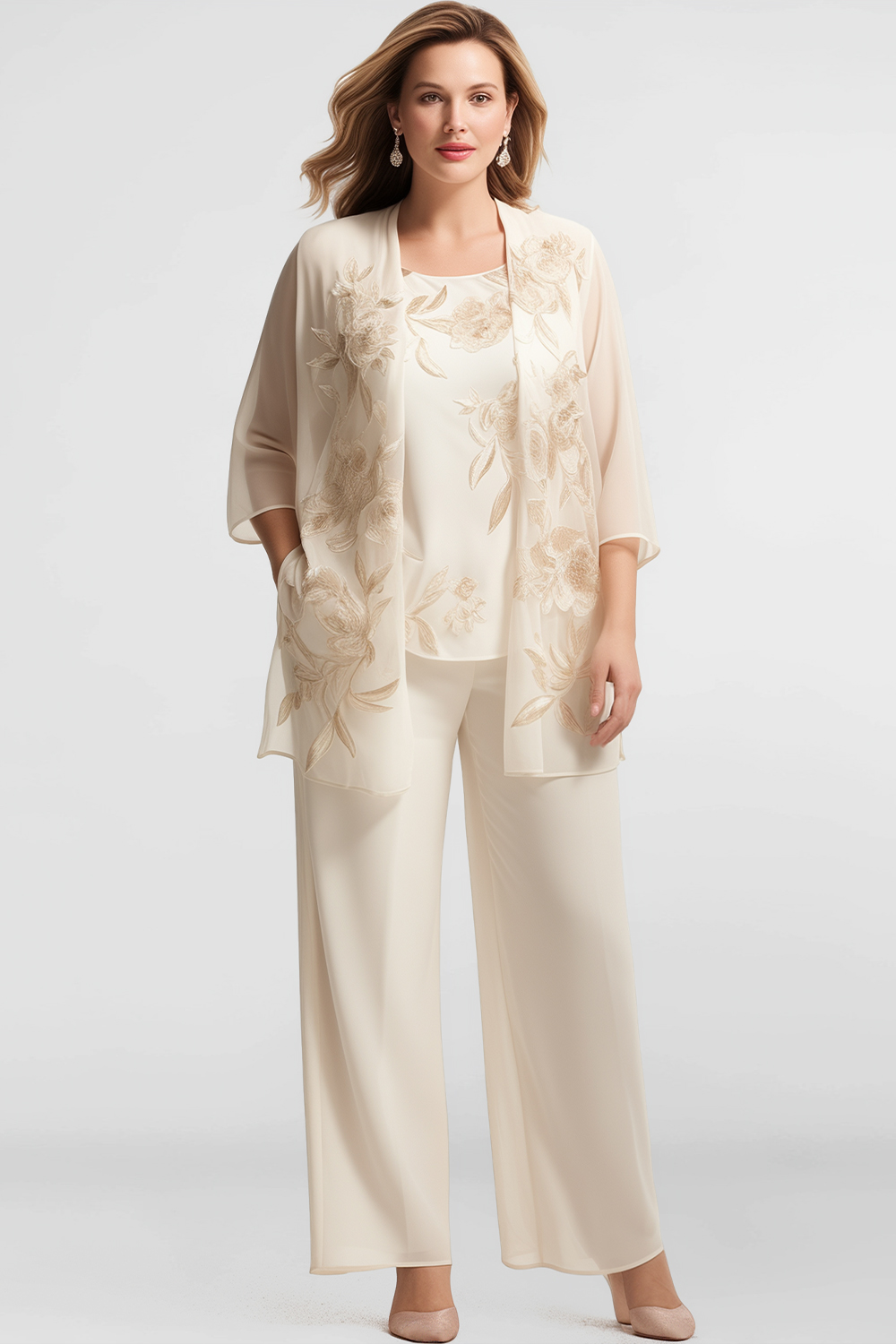 Flycurvy Plus Size Wedding Guest Beige Embroidery 3/4 Sleeve Three Piece Pant Suit